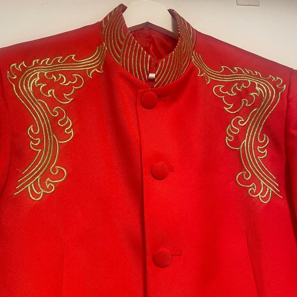 Red Chinese Wedding Suit Changshan with Gold Embroidery China Asian Traditional - Picture 5 of 8
